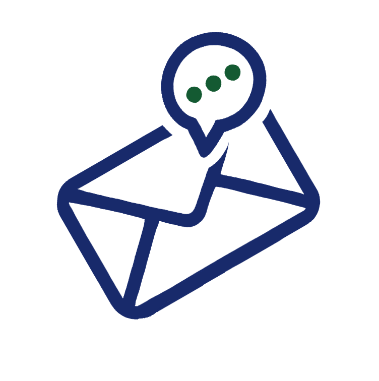 Illustration of an envelope with a message bubble, tilted, with a dark blue outline and dark green accent dots